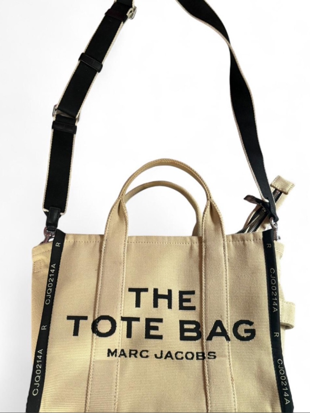 Marc Jacobs Beige Canvas Jacquard Messenger Tote with Black Strap